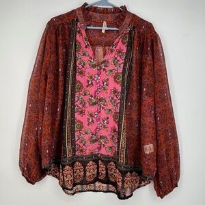 Moon Orchid Womens Sz 18 20 Sheer Button Up Blouse Pink Red Floral Boho Peasant